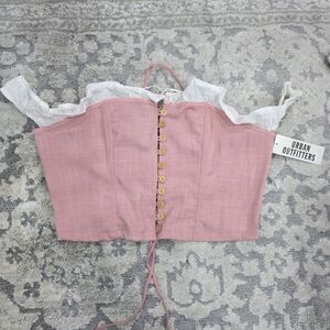 Urban Outfitters Pink Button-Front Crop Top with White Ruffle